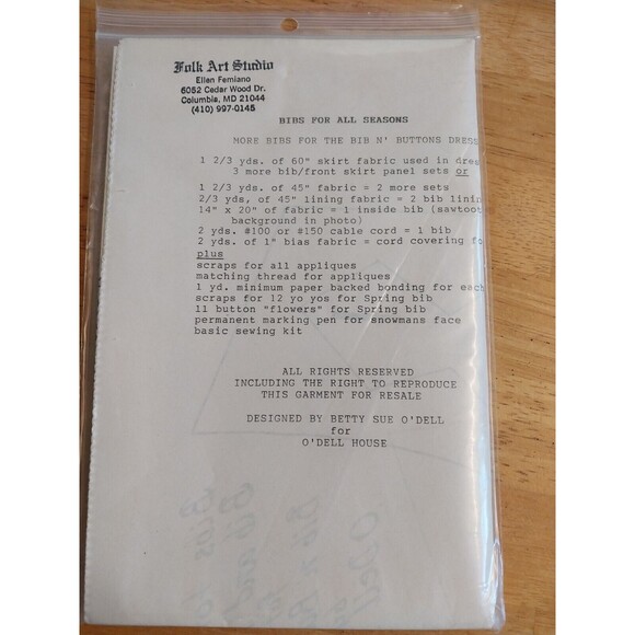 Bibs for all Seasons Sewing Pattern Uncut by O'Dell House - Picture 2 of 2